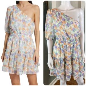 Wayf One-Shoulder Tiered Ruffle Floral Mini Dress Sheer Medium M